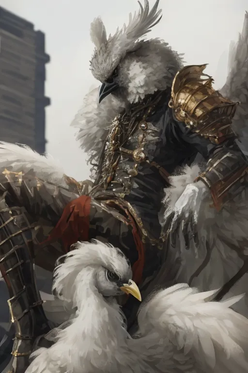 The image is of a tall, white, owl-like creature with the head of an owl and the body of a man. It is wearing a black and gold suit of armor and has a large, golden crown on its head. It is sitting on a stone ledge with two smaller, white, owl-like creatures with beaks standing in front of it. The background is a grey sky with a building in the distance.