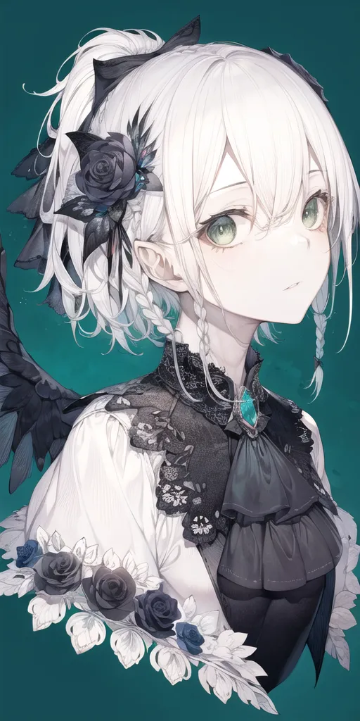 The image is a portrait of a young woman with white hair and green eyes. She is wearing a black and white dress with a lace collar and a large black bow. She has a black rose in her hair and there are black and white flowers around her. She has elf ears and black wings.