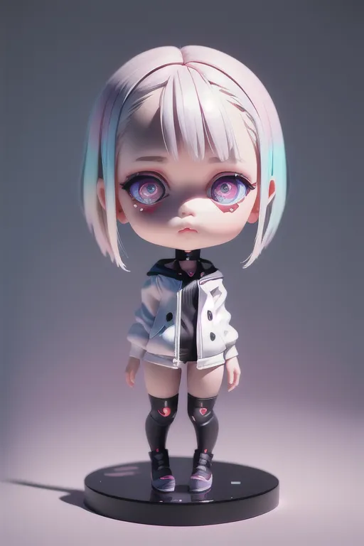 This is a 3D rendering of a chibi character. The character has white hair that is short and styled in a bob with blue and pink highlights. Her eyes are blue and her skin is fair. She is wearing a white jacket with black and pink details, a black shirt, and black boots. She is standing on a black platform. The background is a light gray.