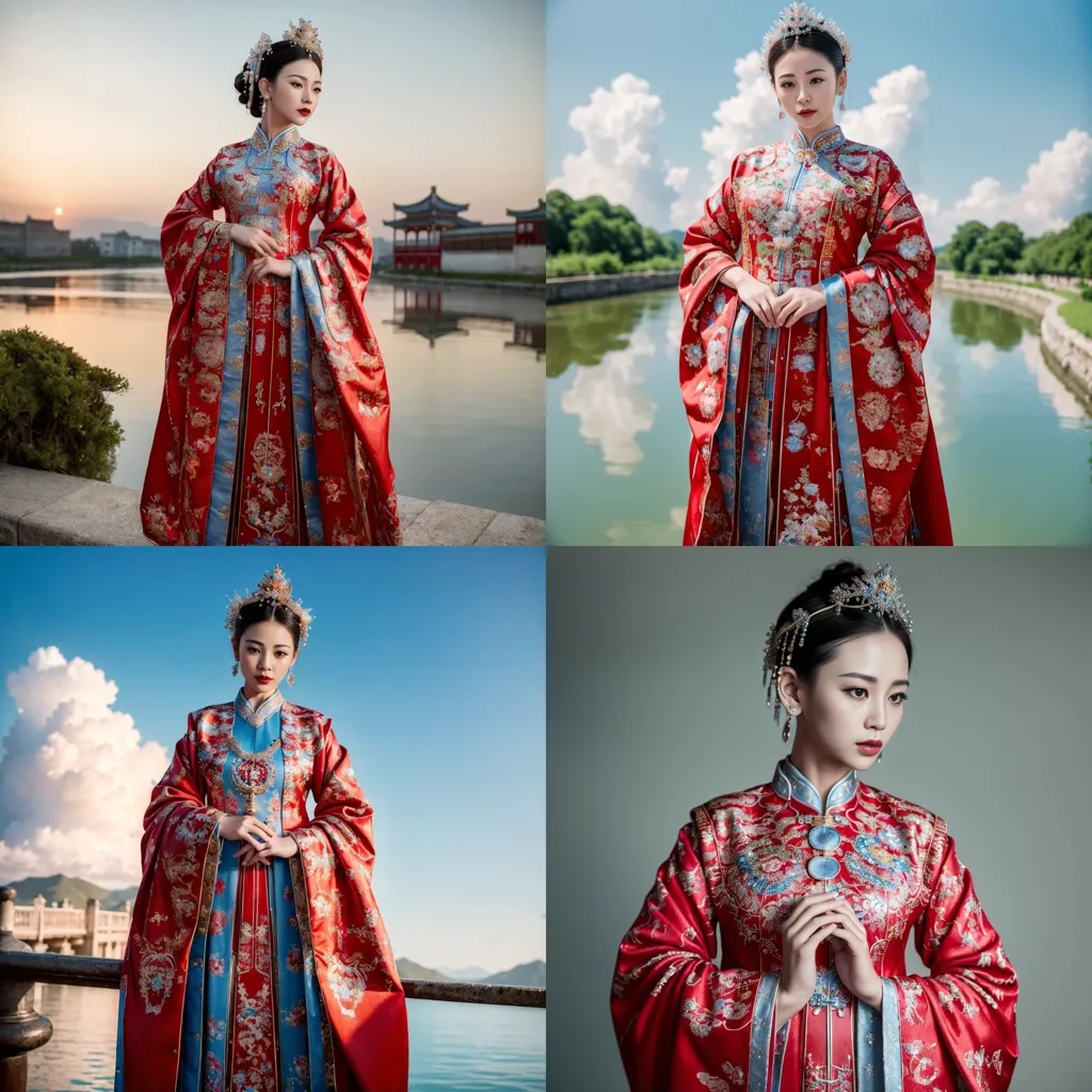 This is a picture of a young woman wearing a red and blue hanfu, a traditional Chinese dress. The hanfu is decorated with intricate embroidery and has a long, flowing skirt. The woman is also wearing a traditional Chinese headdress and jewelry. She is standing in a beautiful outdoor setting, with a lake and a pavilion in the background. The overall effect is one of beauty and elegance.