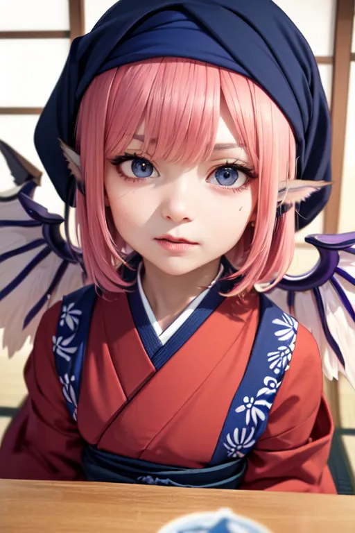 The image shows a young girl with pink hair and blue eyes. She is wearing a red and white kimono with a blue obi. She also has a blue hat on her head and wings on her back. She is sitting at a table and looking at the camera. The background is a traditional Japanese restaurant.