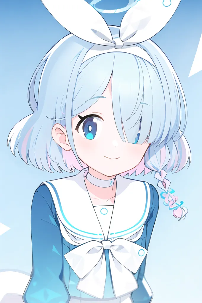 The image shows a young girl with white hair and blue eyes. She is wearing a blue and white sailor-style outfit with a white bow at the collar. She has a halo above her head and is smiling.