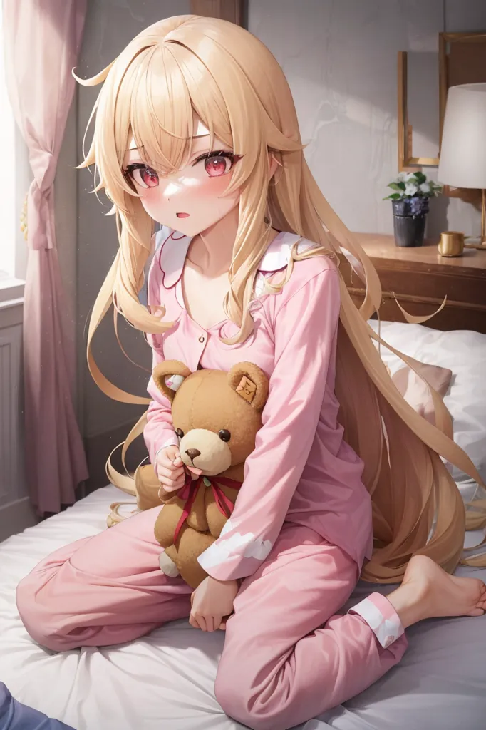 The image shows a young girl with long, flowing blonde hair and red eyes. She is wearing a pink nightgown with white trim. She is sitting on a bed, with her legs crossed and her feet hanging off the side. She is holding a brown teddy bear in her hands. The background is a bedroom, with a window, a lamp, and a dresser. The girl is looking at the viewer with a shy expression on her face.