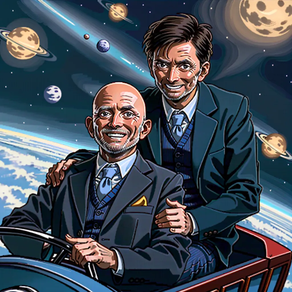 This is an image of two men in suits driving a car in space. The man in the driver's seat is bald with a beard and is wearing a yellow tie. The man in the passenger's seat has dark hair and is wearing a blue tie. There are planets and stars in the background.