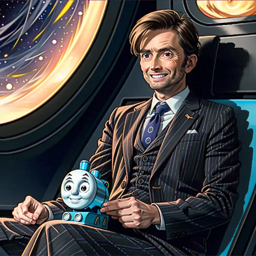 The image shows David Tennant, the Tenth Doctor from the popular British science fiction television series Doctor Who, sitting in the TARDIS, the Doctor's time machine and spacecraft. He is wearing a suit and tie and has a small toy train, Thomas the Tank Engine, in his hand. The background is a vortex of stars and galaxies.