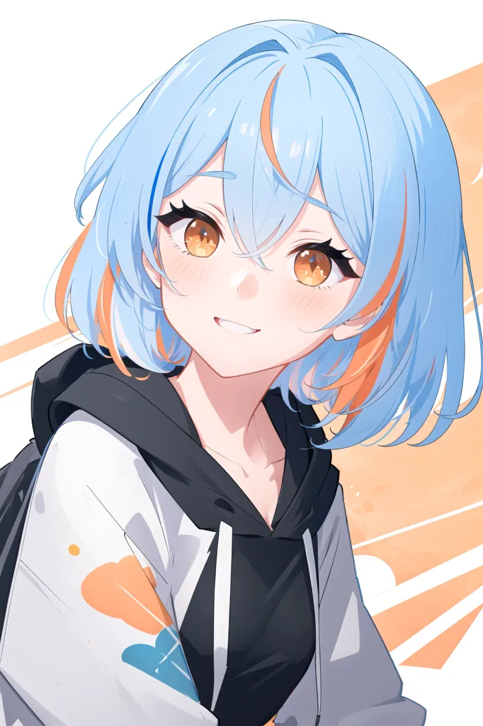 The image shows a young girl with blue and orange hair. She is wearing a white and black hoodie. The girl has a bright smile on her face. She is looking at the viewer. The background is white and yellow.