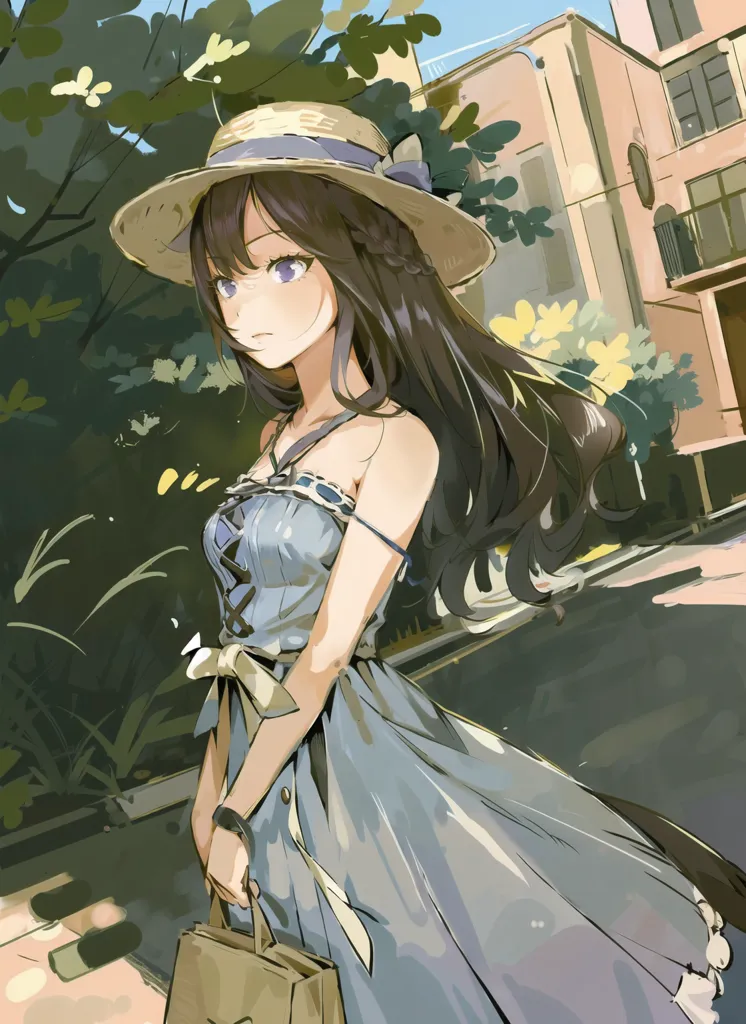 The image is a painting of a young woman wearing a blue dress and a straw hat. She is standing in a park, surrounded by trees and flowers. The woman has long, flowing hair and purple eyes. She is looking at the viewer with a gentle smile. The painting is done in a realistic style, and the colors are vibrant and lifelike.