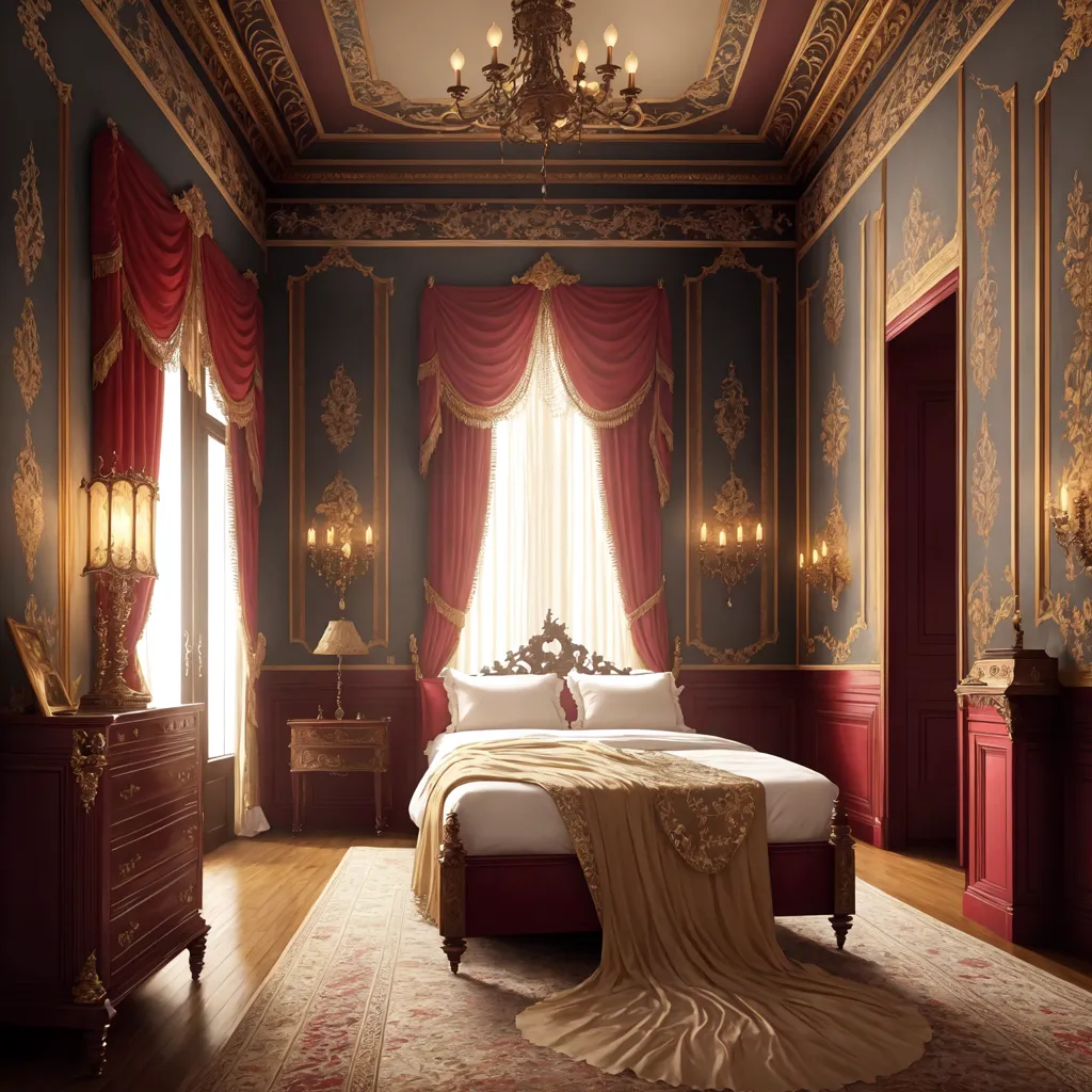 The image is a bedroom with a red and gold theme. The bed has a red and gold comforter with matching pillows. There are two windows with red curtains. There is a dresser with a mirror on top of it. There is a sitting area with two chairs and a table. The floor is covered in a red and gold rug. The ceiling is coffered and there is a chandelier hanging from it. The walls are paneled and there are sconces on the walls.