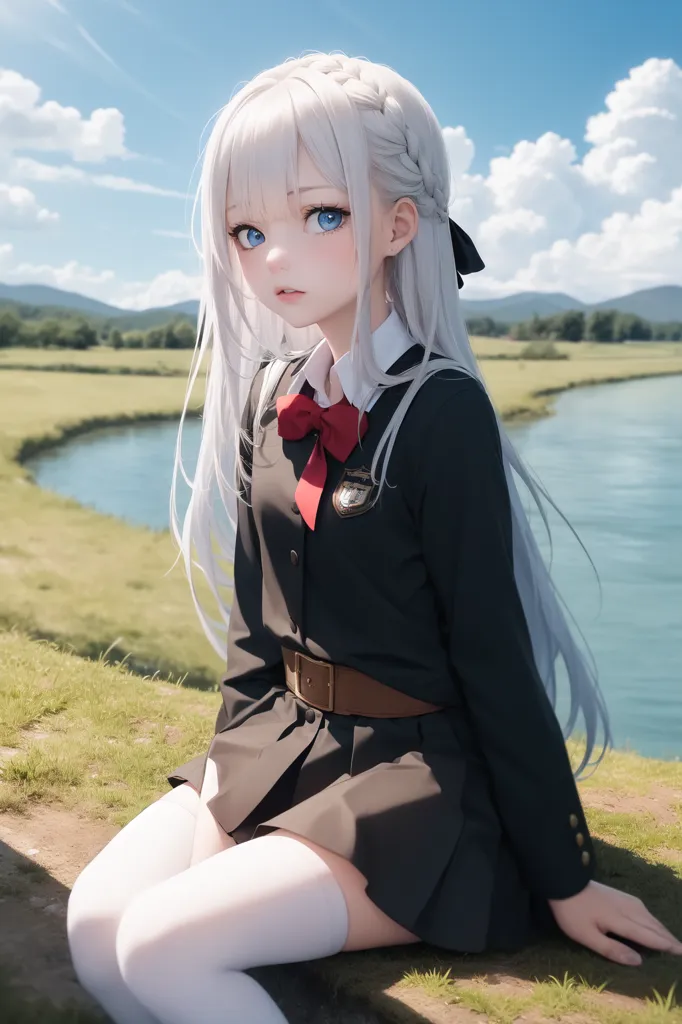 The image shows a young girl with long white hair and blue eyes. She is wearing a black school uniform with a red ribbon. She is sitting on a grassy hilltop, with a river and mountains in the background. The sky is blue and there are some clouds in the distance. The girl is looking at the camera with a slightly sad expression.