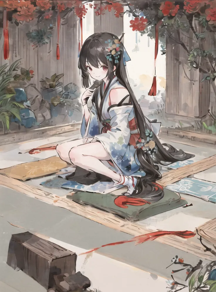 The image is of a young woman with long black hair sitting on a wooden floor in a traditional Japanese house. She is wearing a blue and white kimono with a red obi sash. The woman is holding a paintbrush in her right hand and a palette in her left hand. She is looking at the viewer with a slight smile on her face. The background of the image is a wall with a sliding door and a window. There are plants and flowers in the background. The overall tone of the image is peaceful and serene.