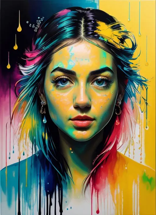 Esta imagen es una pintura de la cara de una mujer. La mujer tiene ojos azules y cabello oscuro. Su rostro está ligeramente girado hacia la derecha. Está usando un vestido amarillo. El fondo de la pintura es de un amarillo brillante. También hay acentos azules, rosas y morados a lo largo de la pintura. La pintura tiene un estilo pictórico.