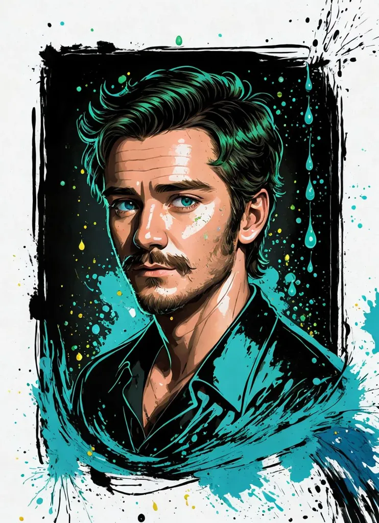 Esta es una pintura digital de un hombre con cabello verde y ojos azules. Lleva una camisa negra y tiene una expresión seria en su rostro. El fondo es un lienzo blanco con salpicaduras de pintura negra.