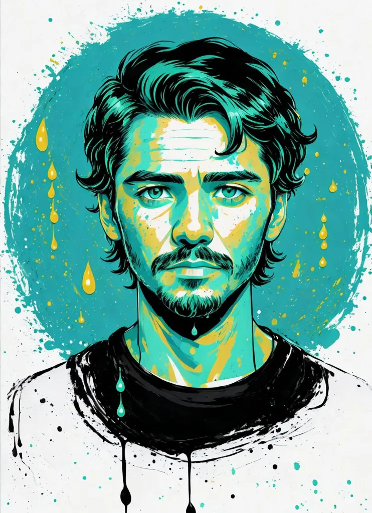 This is a digital painting of a man's face. The man has dark hair and green eyes, and he is wearing a white shirt. The background is a light blue color, and there are yellow and blue paint splatters all around. The man's expression is serious, and he is looking at the viewer with a slight frown on his face.