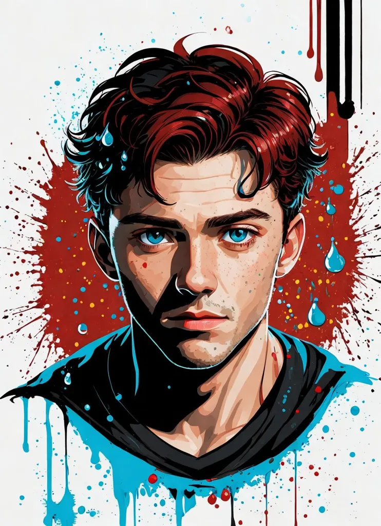 Esta es una imagen de un hombre joven con cabello rojo y ojos azules. Lleva una camisa negra y hay un fondo colorido con salpicaduras de pintura en rojo, amarillo y azul. La expresión del hombre es seria.