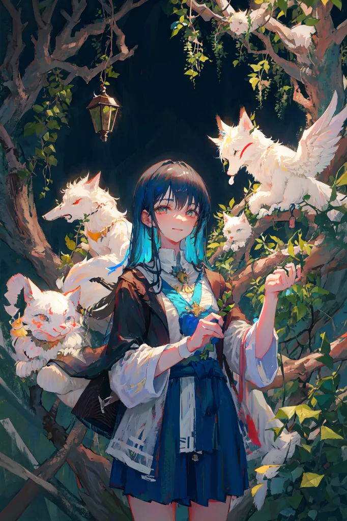 The image is of an anime girl with long blue hair and brown eyes. She is wearing a white kimono with a blue sash and a brown jacket. She is standing in a forest, surrounded by four white foxes. The girl is smiling and has her hand outstretched, as if she is petting one of the foxes. The foxes are all different sizes, and they are all looking at the girl with curious expressions. The background of the image is a blur of green leaves and branches.