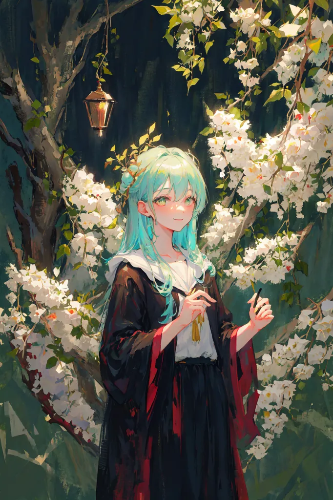 A imagem é uma pintura de uma jovem mulher em pé em uma floresta. Ela está usando um quimono preto com detalhes em vermelho e dourado, e seu longo cabelo verde está fluindo pelas suas costas. Ela tem um sorriso suave no rosto e seus olhos estão fechados. A floresta está cheia de flores brancas, e há uma lanterna pendurada em um galho de árvore. A pintura é feita em um estilo realista, e as cores são vibrantes e realistas.