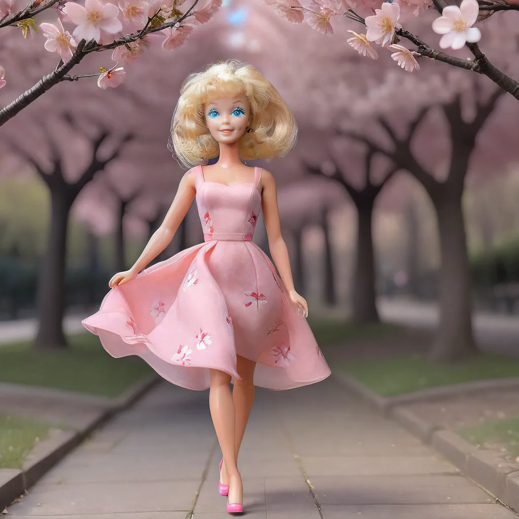 A photo of a Barbie doll with blonde hair and blue eyes. She is wearing a pink dress with a white collar and pink shoes. The doll is standing in a park with cherry blossom trees in the background. The cherry blossoms are pink and white. The doll is smiling and looks happy.