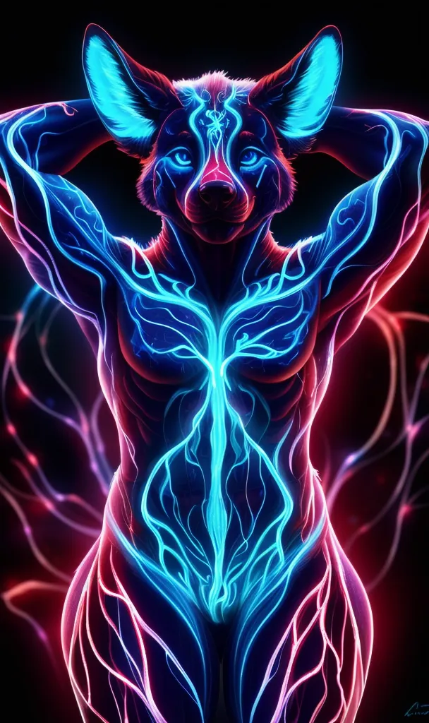 The image is a painting of a muscular humanoid wolf. It is standing with its arms in the air, showing off its toned body. The wolf is mostly blue with glowing blue veins and red fur on its head, arms, and legs. It has a confident expression on its face. The background is dark with a red glow around the wolf.