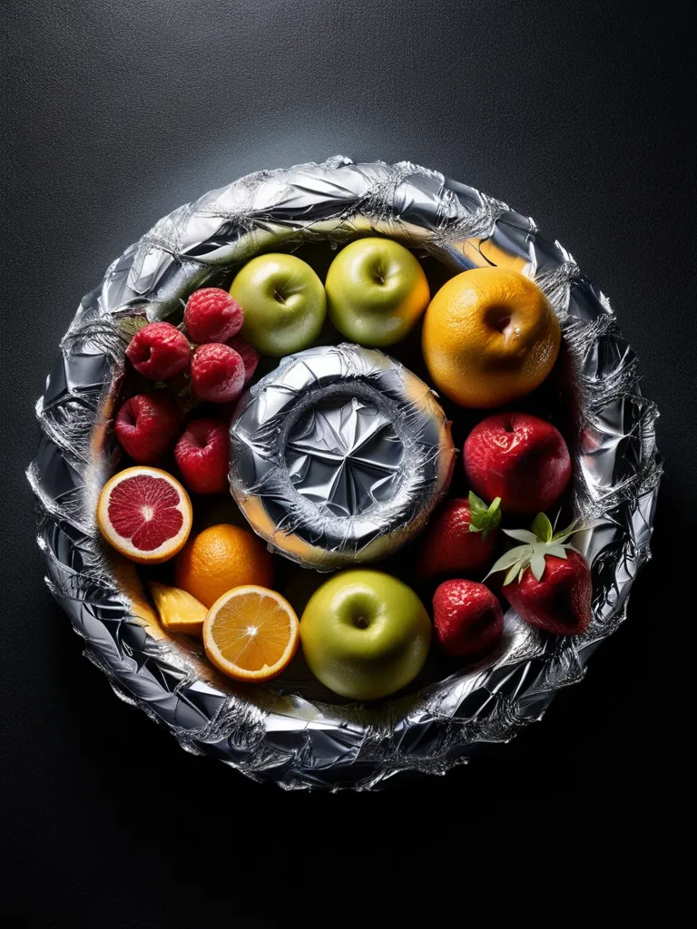 There is a silver bowl on a black background. The bowl is filled with fruit. There are apples, oranges, raspberries, and strawberries. The fruit is arranged in a circle around a small silver bowl in the center. The fruit is very colorful and looks very fresh.