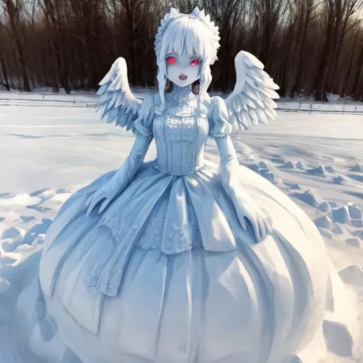 The image shows a snow sculpture of a girl with long white hair, red eyes, and wings. She is wearing a white dress with a large skirt. The sculpture is standing in a snowy field, and there are trees and bushes in the background. The snow girl has a serene expression on her face, and she is looking out at the viewer.