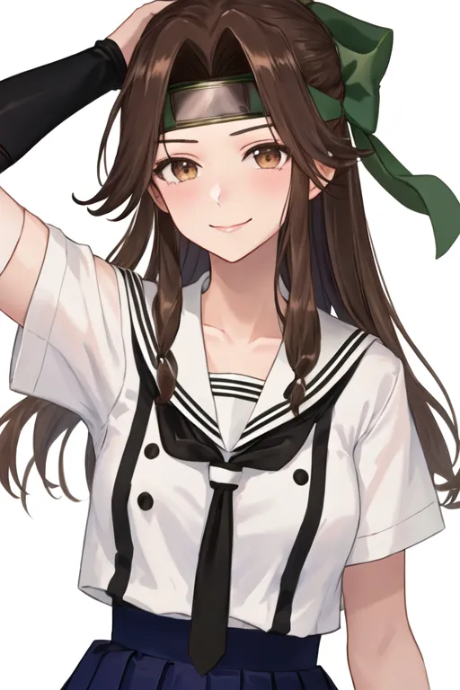 The image depicts an anime-style girl with brown hair and brown eyes. She is wearing a white shirt with a blue collar and a green headband. She has a friendly smile on her face and is looking at the viewer.