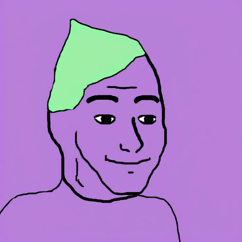 This is a picture of a person with green hair. The person is smiling. The background of the picture is purple. The person has a light purple face and black eyes. The person is wearing a green hat. The hat is covering the person's right eye.