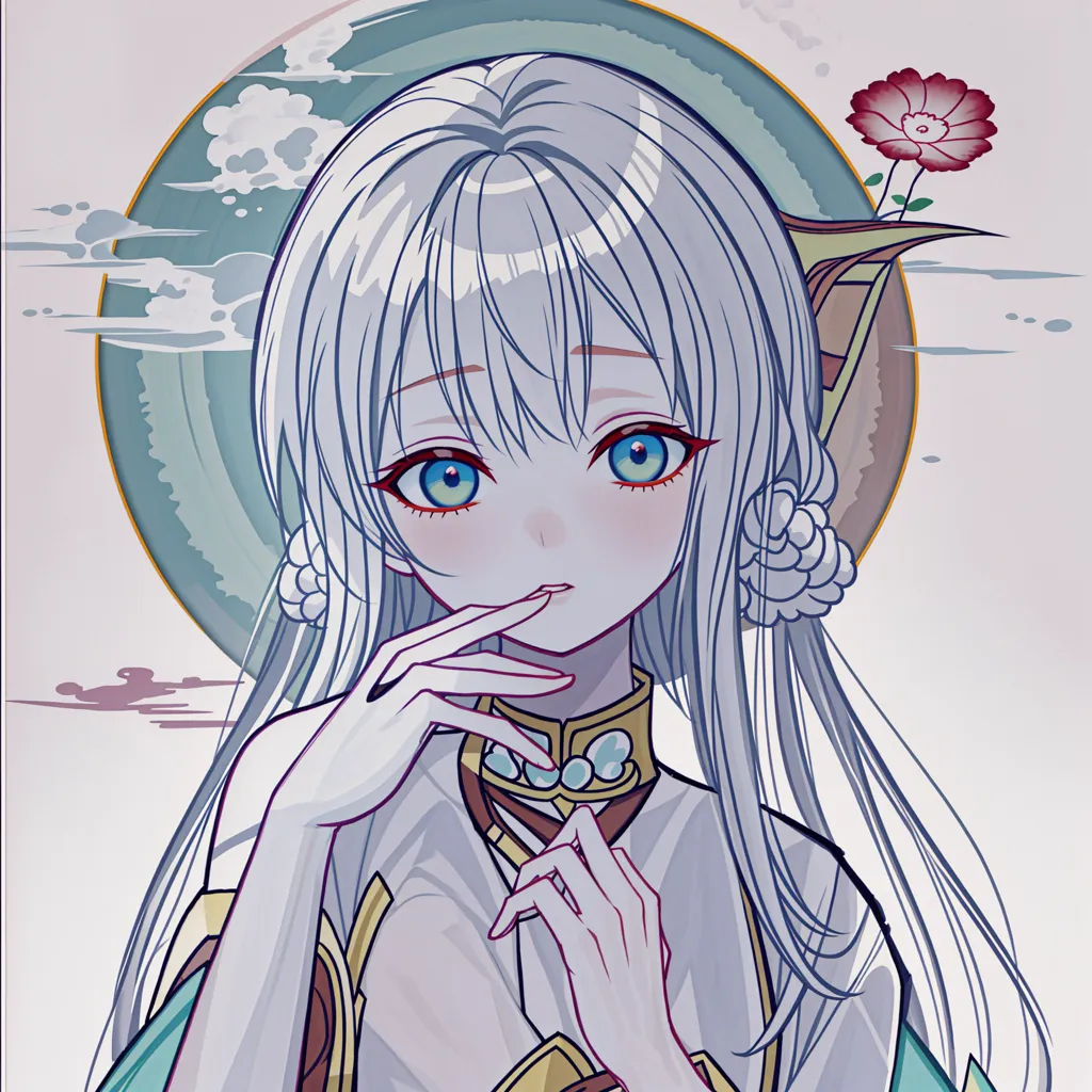 This is a picture of an anime girl with long white hair and blue eyes. She is wearing a white and gold dress with a red flower in her hair. She has a gentle smile on her face and is looking at the viewer. The background is a light blue with a white circle in the middle.