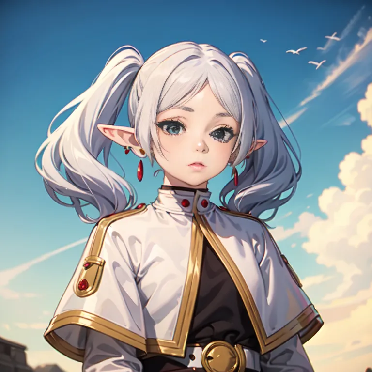 This is an image of a girl with white hair and blue eyes. She is wearing a white and gold outfit. She has elf ears and two red earrings. She is standing in front of a blue sky with white clouds. There are birds flying in the sky.