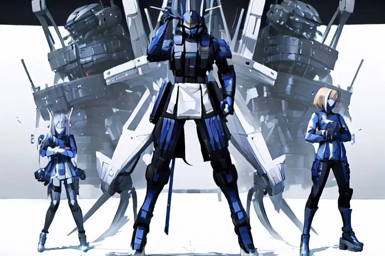 In the image, there are three characters from an anime show. They are all wearing blue and white uniforms and are standing in front of a large robot. The robot is also blue and white and has a samurai-like appearance. The characters are all armed with weapons and look like they are ready for battle.