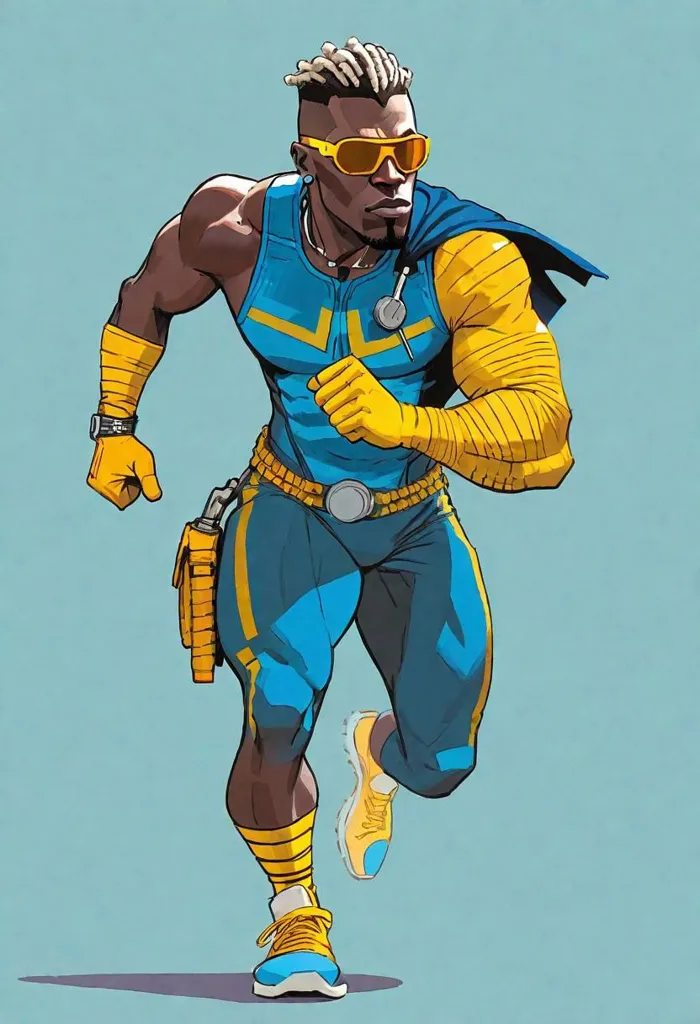 The image shows a superhero. He is wearing a blue and yellow costume. He has a yellow cape and a yellow belt. He is also wearing a pair of yellow sunglasses. He has short blond hair and a beard. He is muscular and looks like he is running. He has a determined look on his face.