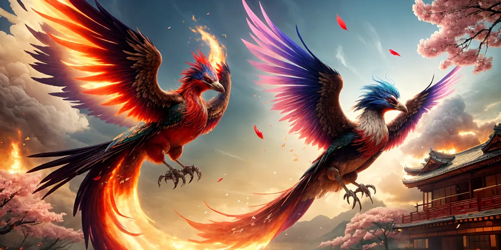 The image shows two phoenixes flying in the sky. The one on the left is red and gold, while the one on the right is blue and purple. They are both surrounded by flames, and there are cherry blossoms falling from the trees. In the background, there is a traditional Chinese building. The image is very beautiful and has a lot of detail.