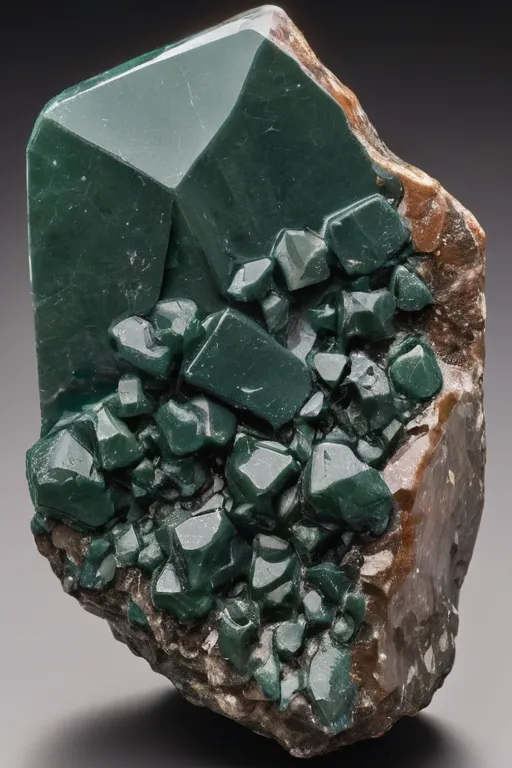 This is a sample of Dioptase from the Democratic Republic of the Congo. It is a rare copper cyclosilicate mineral with a bright green to emerald green color. It is typically found in oxidized copper deposits and is associated with other copper minerals such as malachite and chrysocolla. Dioptase is a relatively soft mineral with a Mohs hardness of 5 and a specific gravity of 3.3. It is typically translucent to transparent and has a vitreous luster. Dioptase is a popular collector's mineral and is also used in jewelry.