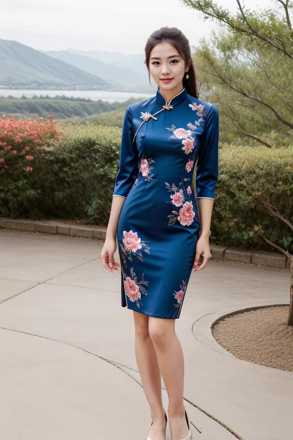 The image shows a woman wearing a blue cheongsam. The cheongsam is a traditional Chinese dress that is typically worn by women. It is usually made of silk or other fine fabrics and is often decorated with intricate designs. The cheongsam is a popular choice for special occasions such as weddings and festivals.