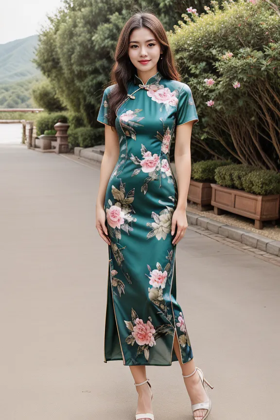 The image shows a woman wearing a green cheongsam. The cheongsam is a traditional Chinese dress that is typically worn by women. It is usually made of silk and has a high collar and a fitted bodice. The cheongsam is often decorated with intricate designs, such as floral patterns or dragons. The woman in the image is wearing a cheongsam that is decorated with a floral pattern and has a high collar. She is also wearing white high heels.