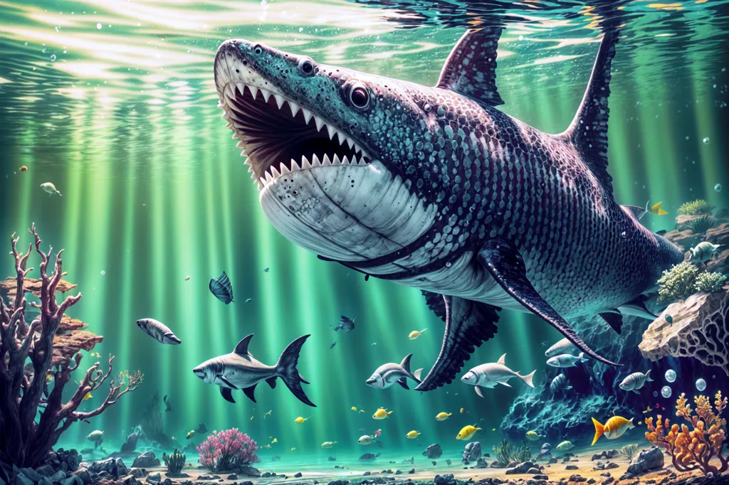 The image shows a large, prehistoric shark swimming in a deep ocean. The shark has a long, pointed snout and rows of sharp teeth. Its body is covered in a pattern of dark and light scales. The shark is surrounded by a variety of smaller fish, which are swimming in fear. The ocean floor is covered in coral and rocks.