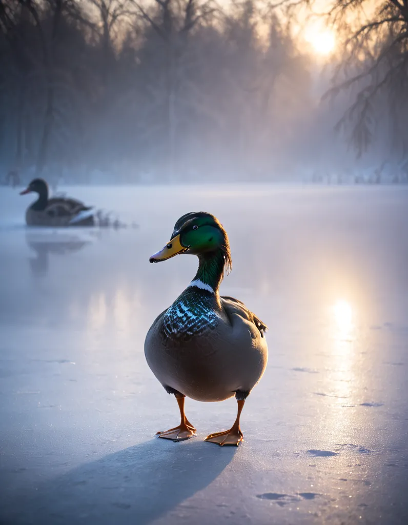 A mallard duck stands on the ice of a frozen lake. The duck is facing the camera with a proud expression. The sun is setting behind the duck, casting a warm glow over the scene. The duck's feathers are a mottled brown and white, with a green head and neck. The duck's feet are a bright orange. The ice on the lake is a smooth, even surface. There are no other ducks or animals visible in the scene. The only sound is the gentle quacking of the duck. The scene is peaceful and serene.