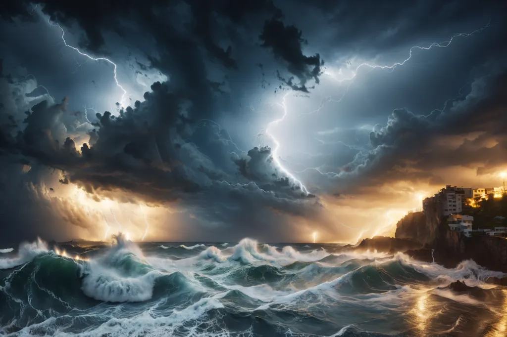 The image shows a stormy sea. The waves are huge and they are crashing against the shore. The sky is dark and there are lightning bolts flashing. The storm is very strong and it is causing a lot of damage.