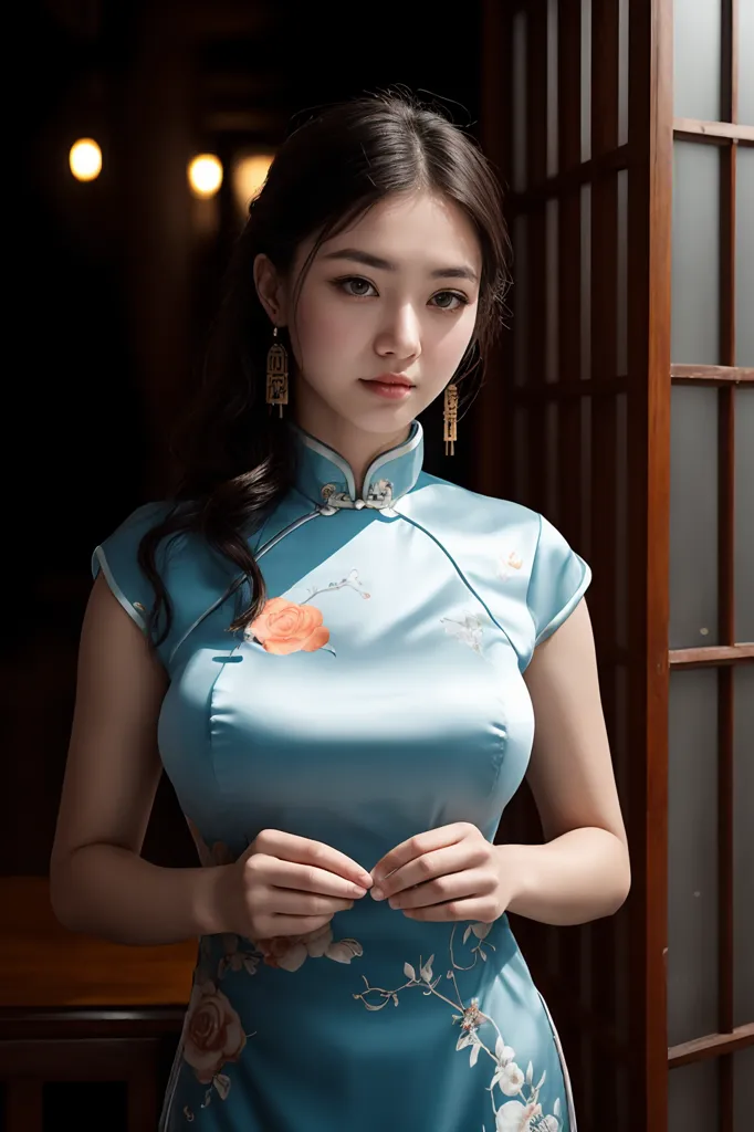 A young woman is wearing a blue cheongsam. The cheongsam is a traditional Chinese dress that is typically worn by women. It is usually made of silk or satin and is often decorated with intricate designs. The woman in the picture is standing in front of a dark background, which makes her stand out. Her hair is long and black, and she is wearing light makeup. She is looking at the camera with a serious expression.