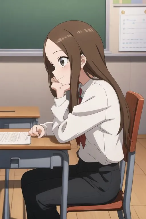 The image shows a young girl with brown hair and brown eyes. She is wearing a white shirt and black pants. She is sitting at a desk in a classroom. She has a test paper on her desk and she is looking at it with a smile on her face. She is probably daydreaming about something.