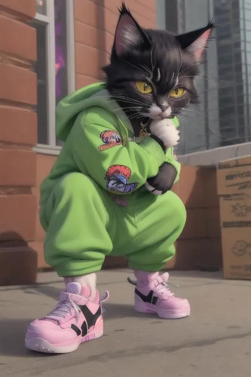 A cool cat is蹲着 in front of a building. He is wearing a green tracksuit and pink sneakers. He has a gold chain around his neck and a patch on his sleeve that says "No Bad Days." The cat has a confident expression on his face and looks like he is about to pounce.