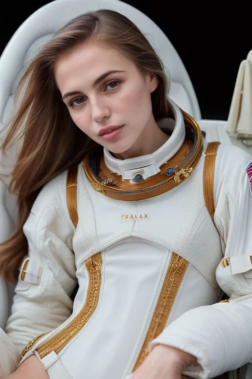 A young girl in a spacesuit is sitting in a chair. She has long brown hair and brown eyes. The spacesuit is white with gold trim. The girl is looking at the camera.