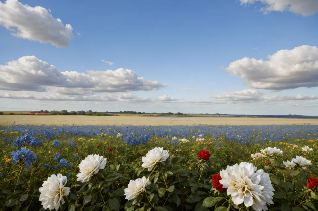 The image shows a field of flowers with white puffy clouds in the background. There are white, red, and blue flowers in the field. The white flowers are in the front and the red and blue flowers are behind them. The flowers are all different sizes. Some of the flowers are tall and some are short. The flowers are all in bloom and they are very colorful. The field is very large and it looks like it goes on forever. The sky is blue and it is very sunny. There are no people in the field. The field is very peaceful and it looks like a perfect place to relax.