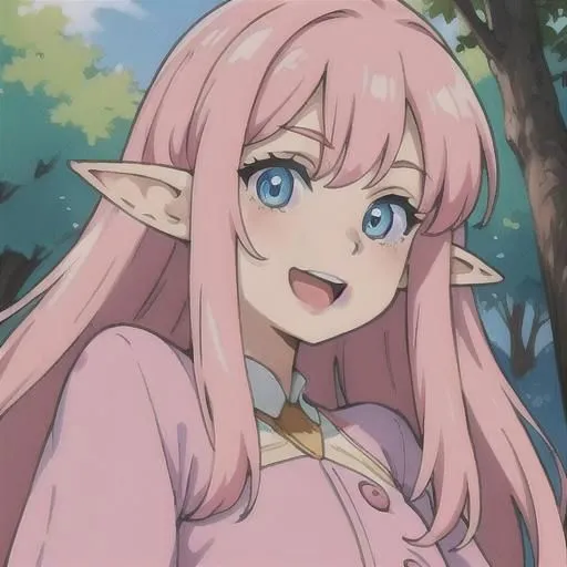 The picture shows a beautiful anime girl with long pink hair and blue eyes. She has pointy ears and a happy expression on her face. She is wearing a pink shirt and there are some trees in the background.