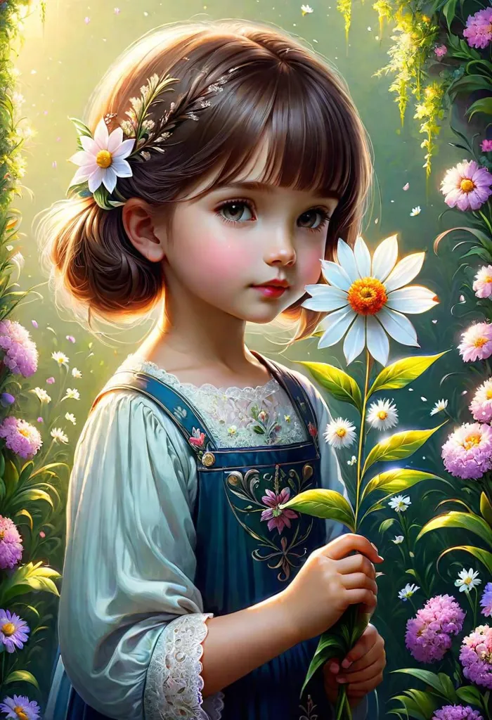 The little girl is so cute with her big brown eyes and little button nose. Her hair is done up in a pretty bun and she's wearing a cute dress with a pinafore. She's standing in a field of flowers and holding a daisy. The flowers are all different colors and they're all in bloom. The sun is shining and the birds are singing. It's a perfect day.