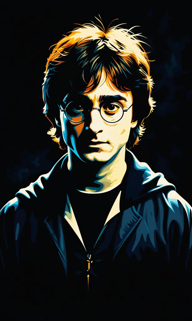 This is a picture of Harry Potter, a character from the Harry Potter series. He is a young wizard who wears glasses and has messy hair. He is looking at the viewer with a serious expression. The background is dark, with a spotlight shining on Harry.