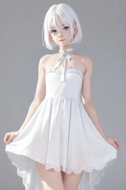 The image shows a beautiful anime girl with white hair and blue eyes. She is wearing a white dress with a bow on the neck. The dress is short and has a ruffled hem. The girl is standing with her hands on the hem of the dress, and she has a shy smile on her face. She looks like she is about to twirl around.