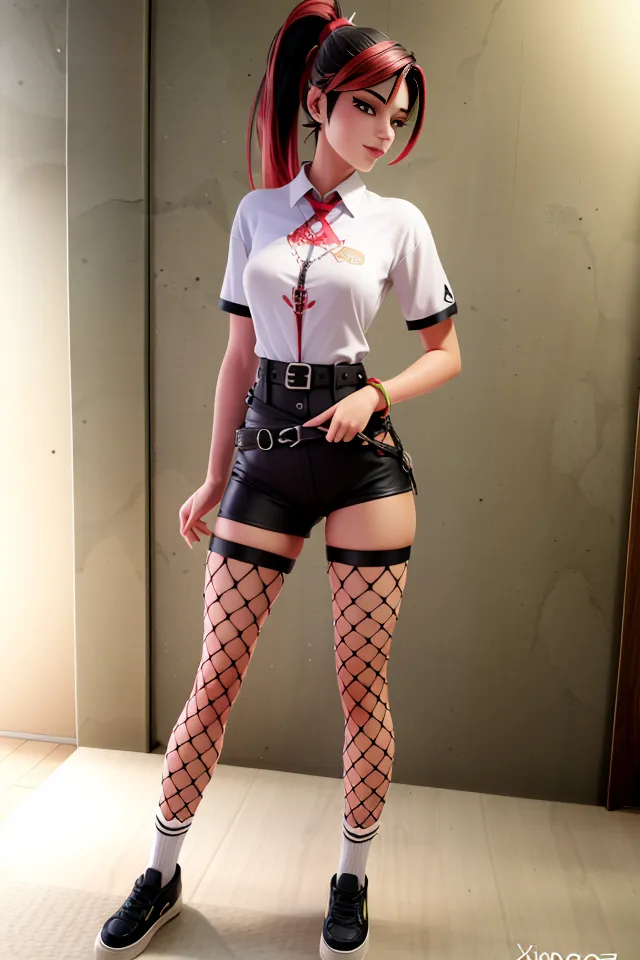 The image shows a young woman with red and black hair tied in a high ponytail. She is wearing a white shirt, black shorts, a red tie, and a black belt with a silver buckle. She is also wearing fishnet stockings and black sneakers. She has a confident expression on her face and is looking at the viewer. She is standing in a room with a plain wall behind her.