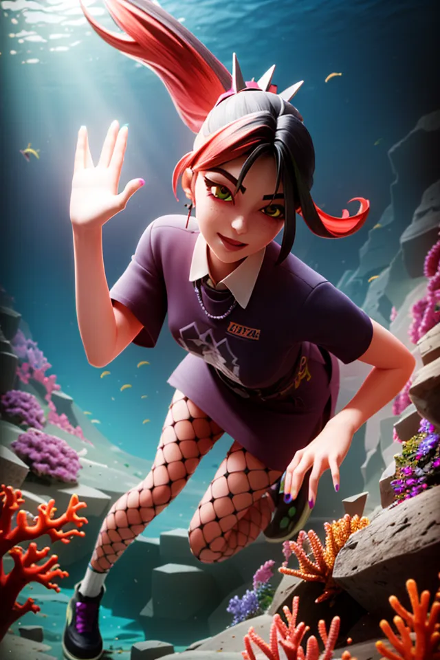 This is an image of a girl with red and black hair swimming underwater. She is wearing a purple shirt, black shorts, and a fishnet shirt. She has a crown on her head and is surrounded by colorful coral reefs and fish. The background is a deep blue color.