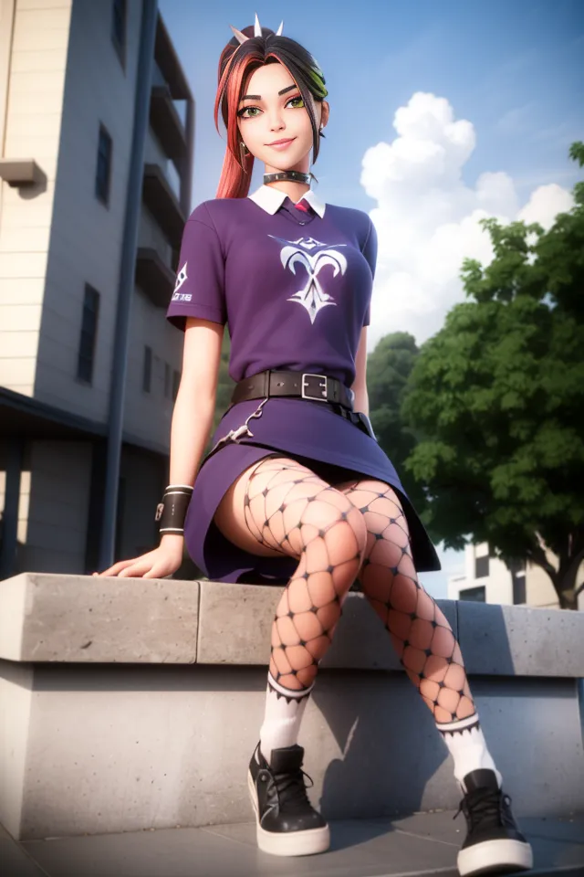 The image shows a young woman with red and green hair, fair skin, and purple eyes. She is wearing a purple shirt with a white collar, a gray skirt, fishnet stockings, and black sneakers. She is sitting on a ledge with a city street in the background.