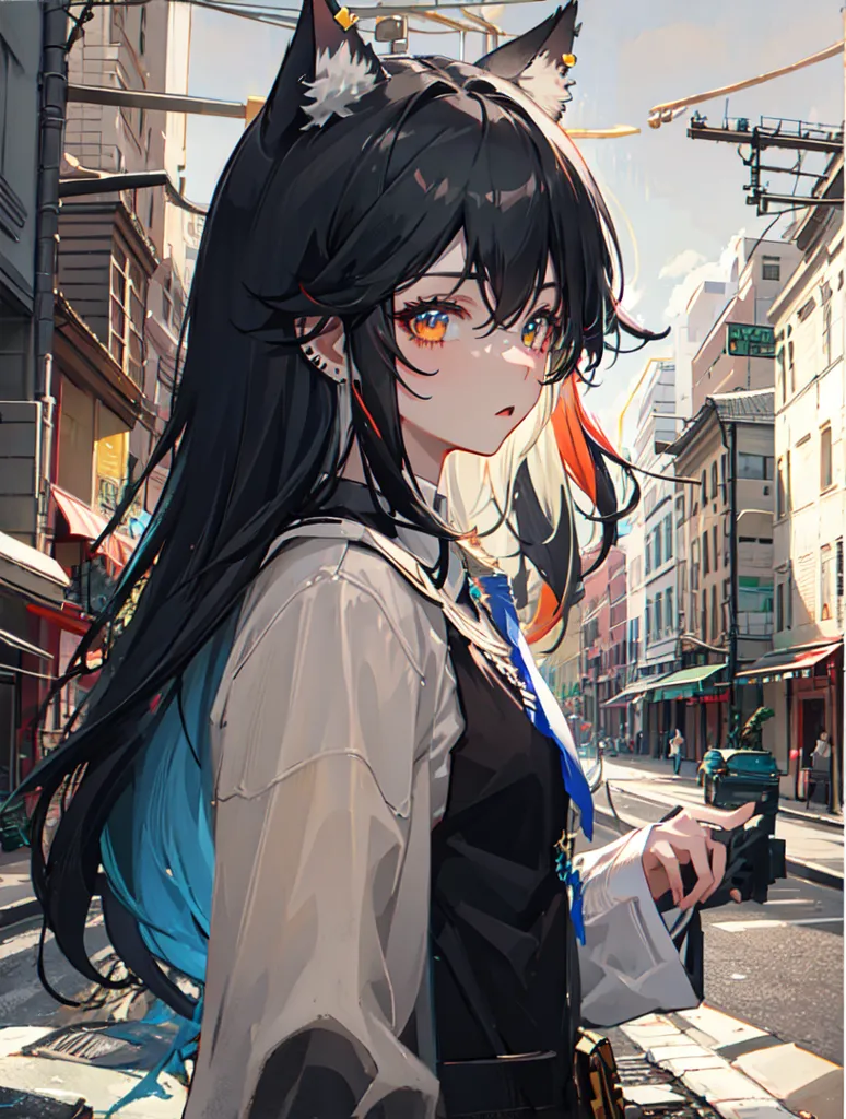 The image is a painting of a young woman with long black hair, orange eyes, and cat ears. She is wearing a white shirt and a black jacket. She is standing in a city street with a blurred background.